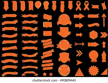 Ribbon orange vector icon on black background. Banner isolated shapes illustration of gift and accessory. Christmas sticker and decoration for app and web. Label, badge and borders collection.