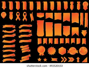 Ribbon orange vector icon on black background. Banner isolated shapes illustration of gift and accessory. Christmas sticker and decoration for app and web. Label, badge and borders collection.