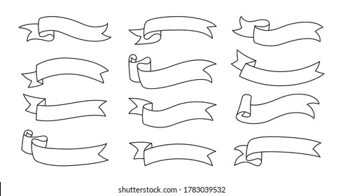 Ribbon outline set. Decorative tape bent on one side icons collection. Modern design, linear ribbons sketch cartoon style. Web icon kit of text banner. Isolated vector illustration