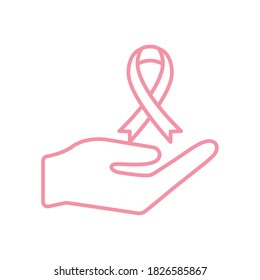 ribbon over hand line style icon design, breast cancer awareness campaign and prevention theme Vector illustration