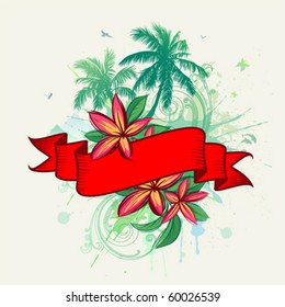 Ribbon, palms, splashes, frangipani flowers.