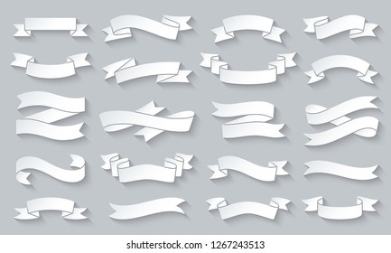 Ribbon paper cut art icons set. 3D web sign kit of text banner. Decorative tape pictograms of retro frame, blank vintage flag. Simple elegant paper tag carved icon shape. Material design vector symbol