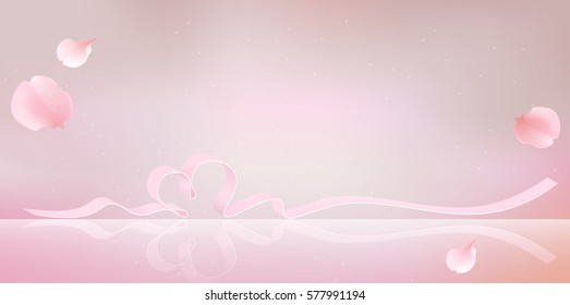 Ribbon with petals vector realistic illustration. Soft pink color design template