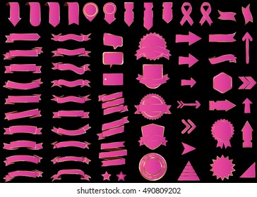 Ribbon pink vector icon on black background. Banner isolated shapes illustration of gift and accessory. Christmas sticker and decoration for app and web. Label, badge and borders collection.