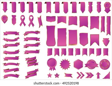 Ribbon pink vector icon on white background. Banner isolated shapes illustration of gift and accessory. Christmas sticker and decoration for app and web. Label, badge and borders collection.