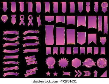 Ribbon pink vector icon on black background. Banner isolated shapes illustration of gift and accessory. Christmas sticker and decoration for app and web. Label, badge and borders collection.