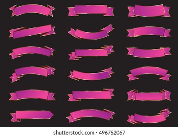 Ribbon pink vector icon on black background. Banner isolated shapes illustration of gift and accessory. Christmas sticker and decoration for app and web. Label, badge and borders collection.