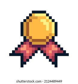 Ribbon pixel art icon. Present bow logo. 8-bit sprite. Decorative knot. Game development, mobile app.  Isolated vector illustration