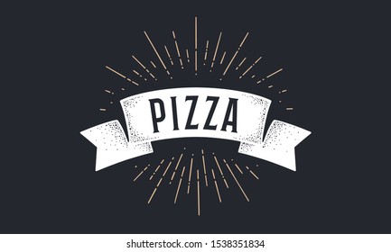 Ribbon Pizza. Old school ribbon banner with text Pizza. Ribbon flag in vintage style with linear drawing light rays, sunburst and rays of sun, text Pizza. Hand drawn design element. Vector