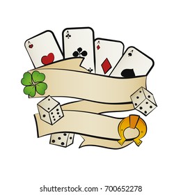 Ribbon with playing cards, bones, horseshoe and clover in vintage retro style. Design for old school tattoo, background hipster print, cover, poster. Cartoon vector illustration.