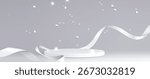 Ribbon podium with white platform and floating curved confetti for elegant presentations. Silky wave elements with sparkles and circular stage on gray background. Minimalist premium showcase stand.