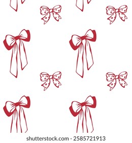 Ribbon and polka dot bows different sizes in red ink. Coquette style. Seamless pattern EPS vector hand drawn for girl, romantic design, textile, wrapping, fabric, packaging paper. Vintage, retro.