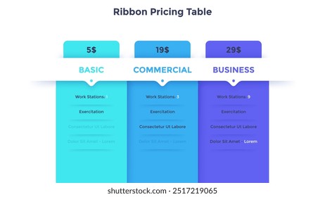 Ribbon pricing table for service choosing infographic chart design. Actual tariffs for customer comparison rectangle infochart. Subscription plan with 3 options. Expenses for service vector template