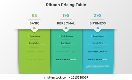 Ribbon pricing tables or subscription plans with account features information or list of included options and price. Infographic design template. Flat vector illustration for website, application. - Shutterstock ID 1315518089