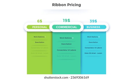 Tablas de precios de cinta de opciones o planes de suscripción con información de funciones de cuenta o lista de opciones y precios incluidos. Plantilla de diseño infográfico. Ilustración vectorial plana para sitio web, aplicación.
