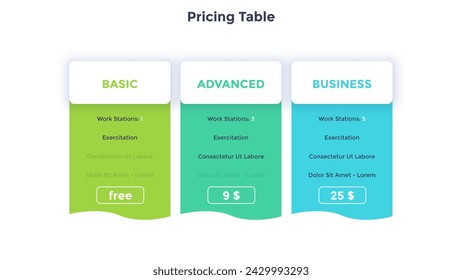 Ribbon pricing tables or subscription plans with account features information or list of included options and price. Infographic design template. Flat vector illustration for website, application.