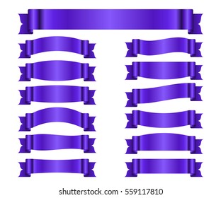 Ribbon purple banners set. Sign violet satin blank for promotion, web, advertising text. Shiny scrolls design decoration elements. Symbol vintage label, isolated on white. Vector illustration