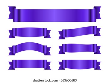 Ribbon purple banners set. Sign violet satin blank for promotion, web, advertising text. Shiny scrolls design decoration elements. Symbol vintage label, isolated on white. Vector illustration