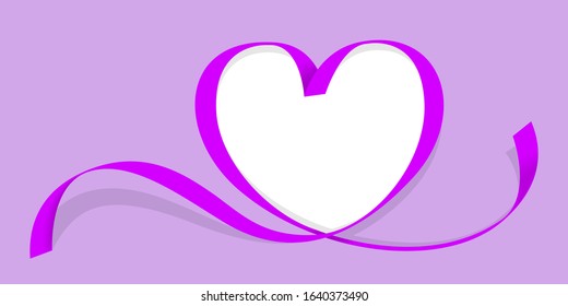 ribbon purple heart shape isolated on purple, copy space, ribbon line purple heart-shaped, heart shape ribbon stripes for banner, border tape curl heart shaped for decoration greeting valentine card