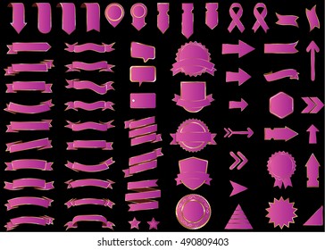 Ribbon purple vector icon on black background. Banner isolated shapes illustration of gift and accessory. Christmas sticker and decoration for app and web. Label, badge and borders collection.