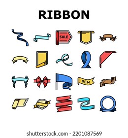 ribbon red banner design gift icons set vector. label holiday, element tag, bow sale satin decoration new flag present, sticker tape ribbon red banner design gift color line illustrations