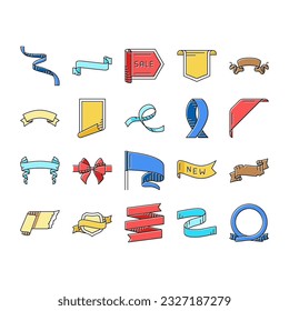 ribbon red banner design gift icons set vector. label holiday, element tag, bow sale satin decoration new flag present, sticker tape ribbon red banner design gift color line illustrations