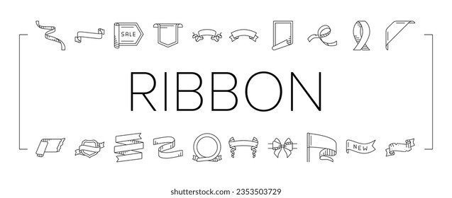 ribbon red banner design gift icons set vector. label holiday, element tag, bow sale satin decoration new flag present, sticker tape ribbon red banner design gift black contour illustrations