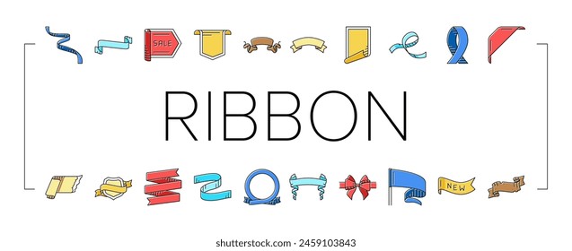 ribbon red banner design gift icons set vector. label holiday, element tag, bow sale satin decoration new flag present, sticker tape ribbon red banner design gift color line illustrations