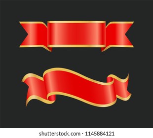 Ribbon red banners designed for text sample. Decorative stripes set with curly structure yellow borders. Waves swirl bands icons isolated on vector