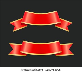 Ribbon red banners designed for text sample. Decorative stripes set with curly structure yellow borders. Waves swirl bands icons isolated on vector