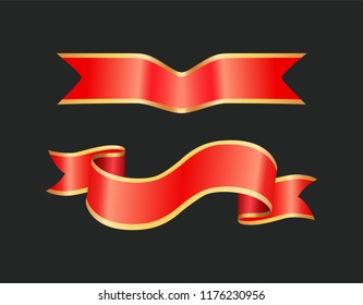 Ribbon red banners designed for text sample. Decorative stripes set with curly structure yellow borders. Waves swirl bands icons isolated on vector