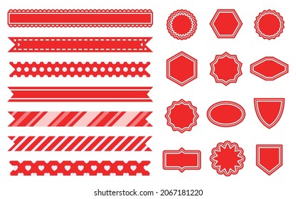 Ribbon red corner bookmark label flat set. Corner shortcut for notes. Decorative flag needlework congratulation holiday sticker. Festive needlework scotch tape icon scrapbooking isolated on white