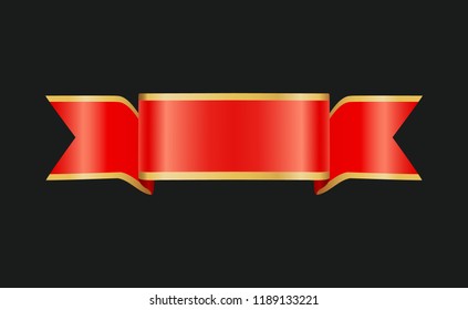 Ribbon red curved stripe blank banner sample. Empty stripe for filling text or slogan. Classic band frame tape icon closeup isolated on black, vector