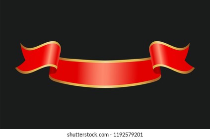 Ribbon red curved stripe blank banner sample. Empty stripe for filling text or slogan. Classic band frame tape icon closeup isolated on black, vector