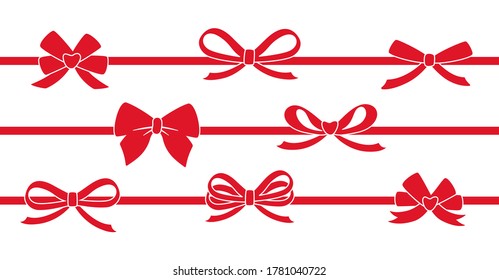 Ribbon red decorated with bows silhouette set. Valentine day, wedding or Christmas decorated tape bows. Cartoon design elements for present, celebration, congratulation. Isolated vector illustration