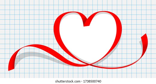 ribbon red with heart shape on grid background for copy space, ribbon line red heart-shaped, heart shape ribbon stripes red, border tape curl heart shaped for decoration greeting valentines love card