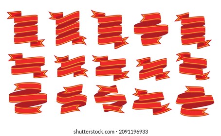 Ribbon red holiday sale party flowing flat set. Vintage sale banner shape. Festive website design element. News postcard discount christmas decor. Bright heraldic tag isolated on white background