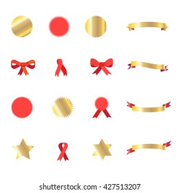 Ribbon, Red Ribbon Tie, gold stars, ribbon icon and ribbon banner set. Set of ribbons and labels in red and gold color isolated. Gold ribbon. Red ribbon. Ribbon bow tie. Vintage labels. Holiday Vector