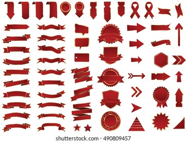 Ribbon red vector icon on white background. Banner isolated shapes illustration of gift and accessory. Christmas sticker and decoration for app and web. Label, badge and borders collection.