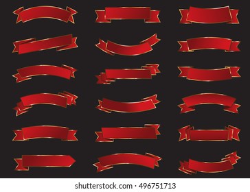 Ribbon red vector icon on black background. Banner isolated shapes illustration of gift and accessory. Christmas sticker and decoration for app and web. Label, badge and borders collection.