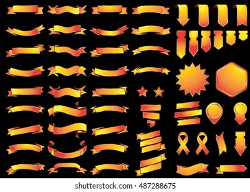 Ribbon red yellow vector icon on black background. Banner isolated shapes illustration of gift and accessory. Christmas sticker and decoration for app and web. Label, badge and borders collection.