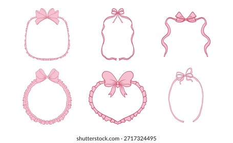 Ribbon retro bow frame set border and element collection. Coquette vintage sketch line pink hand drawn. Design element for greeting cards, wedding and birthday party, picnic invitations