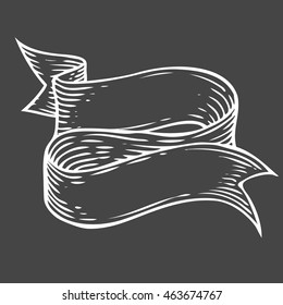Ribbon retro vintage hand drawn illustration vector. Sketch banner, old school style. For decoration, scrapbook and web, mobile design. White black isolated. Sketch etch ink line.