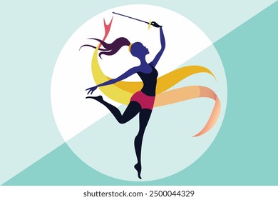 Ribbon Rhythmic Gymnastics set flat silhouette vector. Rhythmic Gymnastics female athlete icon on white and turquoise background.