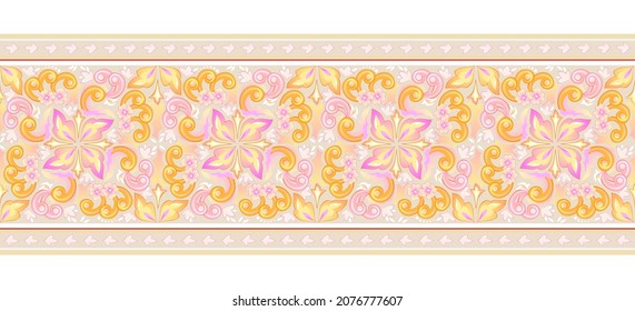 Ribbon with rich gold decoration. Medieval baroque royal ornament. Seamless pattern. Print for fabric, wallpaper and textile. Beautiful ornate floral background. Vector illustration.