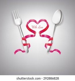 Ribbon roll around spoon and fork heart shape, Vector design concept