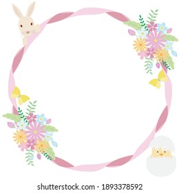 Ribbon round frame with rabbit, chick and bouquet of flowers.