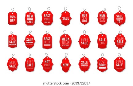 Ribbon sale badges, banners, price tags, new offers collection in red.