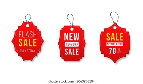 Ribbon sale badges, banners, price tags, new offers collection in red.