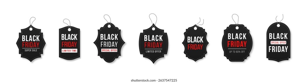 Ribbon sale badges, banners, price tags, new offers collection in black. Set of sale tags and labels, template shopping labels. 